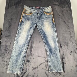 Demolition Jeans Mens Size 40 Blue Acid Wash Embroidered Streetwear Denim